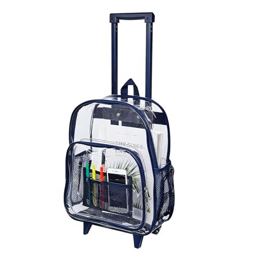 COVAX Rolling Clear Backpack, Heavy Duty See Through Bookbag, Transparent PVC Cold-resistant Backpack with Wheels (Navy) - color: Navy