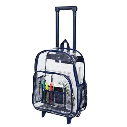 COVAX Rolling Clear Backpack, Heavy Duty See Through Bookbag, Transparent PVC Cold-resistant Backpack with Wheels (Navy) - color: Navy