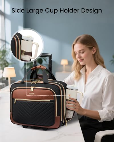 LOVEVOOK Rolling Laptop Bag for Women, Underseat Carry On Bag with Wheels - color: V Quilted-Black-Brown