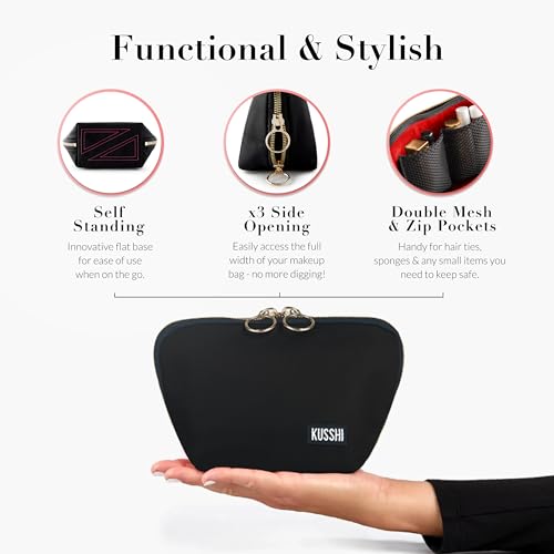 KUSSHI Washable Travel Makeup Bag for Purse (Everyday, Satin Black/Red) - color: Satin Black/Red, size: Everyday (Purse) Bag