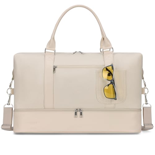 Women's Weekender bag Travel Duffel Bag with Shoe Compartment 21-inch Airline-Approved Carry-On, 2-Piece Overnight Bag Set Personal Item Luggage - color: C-Beige-A