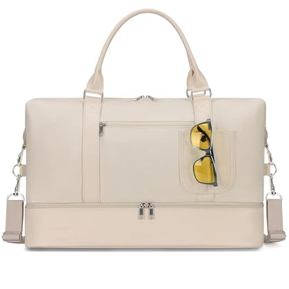 Women's Weekender bag Travel Duffel Bag with Shoe Compartment 21-inch Airline-Approved Carry-On, 2-Piece Overnight Bag Set Personal Item Luggage - color: C-Beige-A