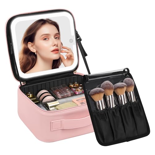 Chomeiu Travel Makeup Bag with LED Mirror, Cosmetic Bag with Handle, Pink - color: 01-Pink, size: A-Small