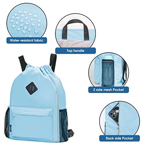 WANDF Drawstring Backpack with Shoe Compartment, Sports Gym Bag - color: L, Light Blue, size: Large