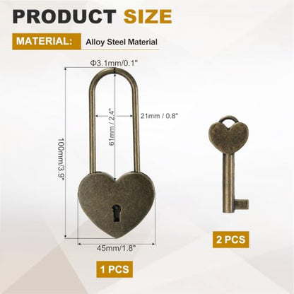 PATIKIL Mini Heart Lock w/Key 1.8x3.9 Heart Shaped Padlock Bronze - color: Bronze, size: 1.8"x3.9"