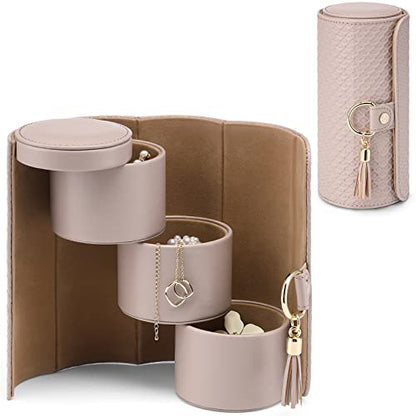 VLANDO Travel Jewelry Organizer, 3 Tier Roll Up Design, Hard Shell Storage - color: Grey&Khaki
