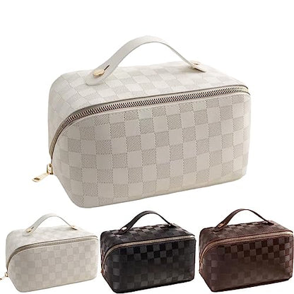 Checkered Makeup Bag,180° Flat Open Cosmetic Bag for Women,Large Capacity Travel Toiletry Bag with Brush Pouch,Waterproof PU Leather Make Up Organizer for Skincare & Makeup (white-checkered) - color: White-Checkered