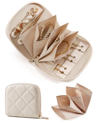 BAGSMART Travel Jewelry Case, Leather Zip for Rings Necklaces - color: 2-Light Beige, size: Small