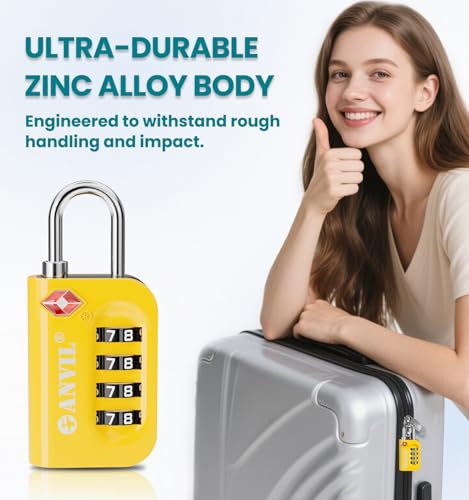 ANVIL TSA Approved Luggage Lock - 4 Digit Combination, 10,000 Combinations, Easy-Read Password Window, Travel Lock for Suitcases, Backpacks, Gym & Student Lockers, Baggage - color: YELLOW 1 PACK