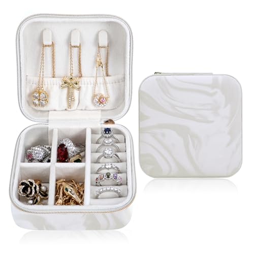 Travel Jewelry Case,Small Jewelry Box with Mirror,Gift for Girls Women - color: Flowing Silver White