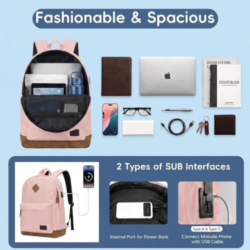 WOLT Travel Laptop Backpack for Men & Women with USB Charging Port - color: Pink