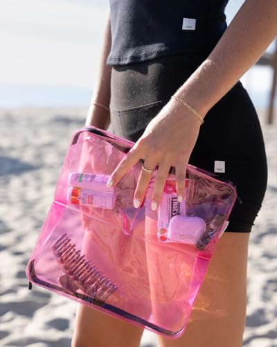 Clear Travel 3- Compartment Toiletry & Makeup Bag Organizer - color: Pink, size: 9X9