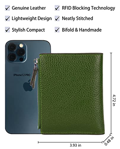 Women's RFID Blocking Leather Small Compact Bi-fold Zipper Pocket Wallet Card Case Purse with id Window - color: Lichee Green