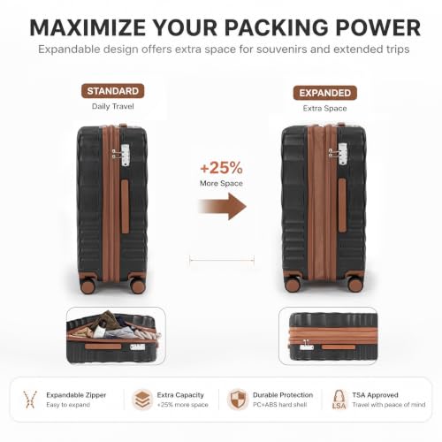 Rosamo 6-Piece Hard Shell Expandable Luggage Set, Airline Approved Carry-On - color: Black