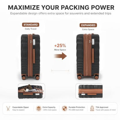 Rosamo 6-Piece Hard Shell Expandable Luggage Set, Airline Approved Carry-On - color: Black