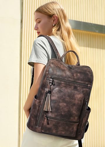Shrrie Upgraded 17 inch Leather Laptop Backpack for Women - color: Two-toned Coffee
