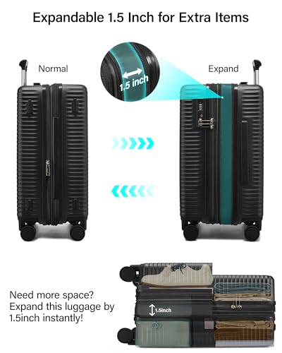 MILADA 24 Inch Expandable Checked Luggage, Hard Shell Medium Suitcase - color: Jet Black, size: Checked Medium 24 inch
