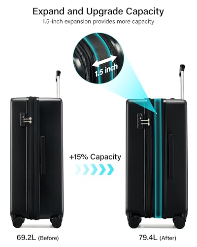Hanke Checked Luggage 24 Inch Expandable Medium Suitcase with Wheels - color: Jet Black, size: 24 Inch EXT
