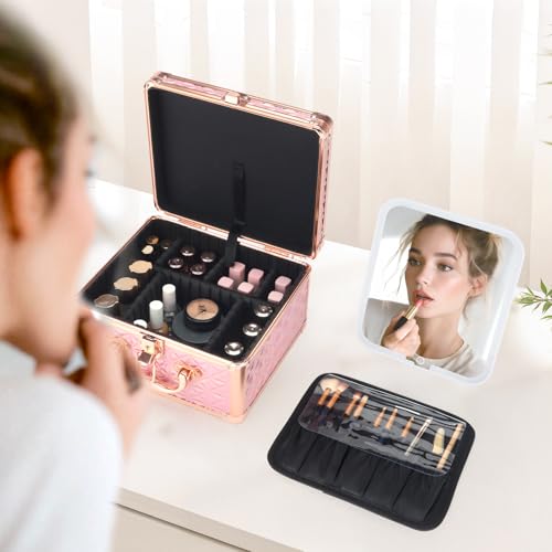 Makeup Case with LED Mirror, Portable Lockable Vanity Case,Sparkling Pink - color: Sparkling Pink