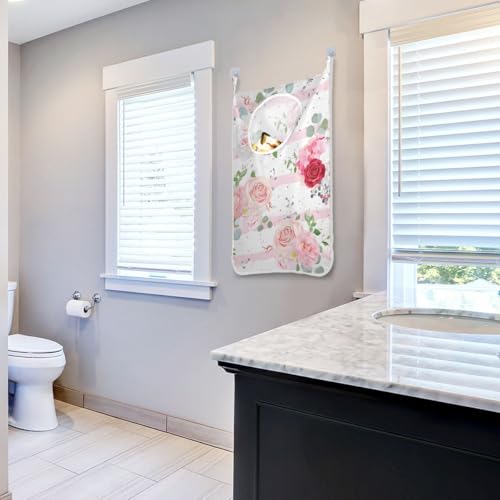 Pink Rose Hanging Laundry Bag, Pink Flowers Door Hanging Laundry Hamper with Stainless Steel Hooks Wall Laundry Nook with Adhesive Hooks 1 PC - color: Pink Rose