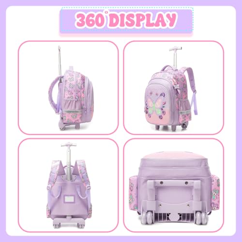 Meetbelify Rolling Backpack for Girls Butterfly Backpack with Wheels Kids Purple Roller Suitcase Travel Luggage for Elementary Student Ages 6-8 - color: Butterfly