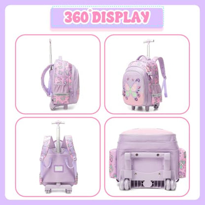 Meetbelify Rolling Backpack for Girls Butterfly Backpack with Wheels Kids Purple Roller Suitcase Travel Luggage for Elementary Student Ages 6-8 - color: Butterfly