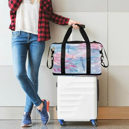 Weekender Bag for Women, Gym Sports Duffle Travel Tote with Toiletry Bag Shoes Compartment - color: Dragonfly 6