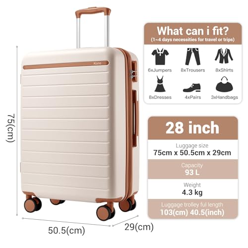 Kono Large Suitcase 28in Expandable ABS+PC 8pcs Silent Wheels Cream/White - color: Cream White, size: Checked-Large 28-Inch
