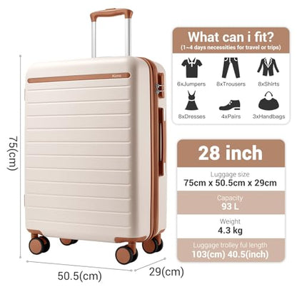 Kono Large Suitcase 28in Expandable ABS+PC 8pcs Silent Wheels Cream/White - color: Cream White, size: Checked-Large 28-Inch