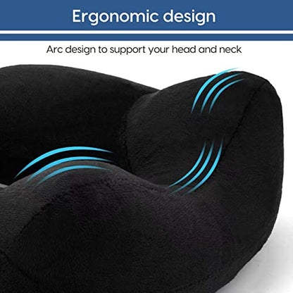 Inflatable Travel Pillow for Airplane Inflatable Neck Pillow for Traveling with Soft Velvet Washable Cover for Sleeping, Airplane,Train, Car, Office, Contoured Eye Masks, Earplugs - color: Black
