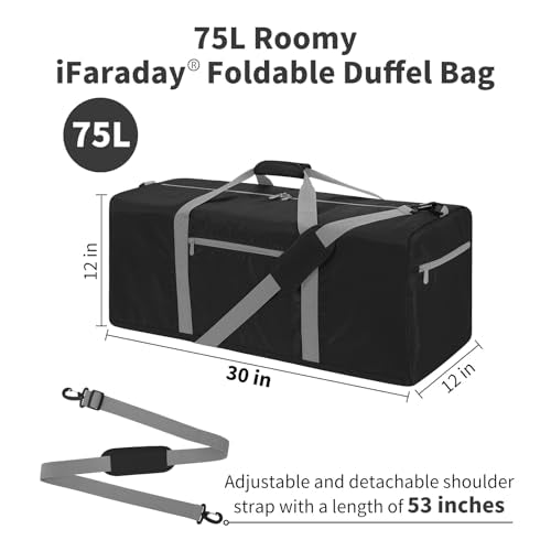 iFARADAY Foldable Duffel Bag Lightweight, 30 inch / 75L, Black - color: Black-75L(with shoulder strap)