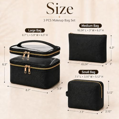 3PCS PU Leather Makeup Bag, Large Travel Cosmetic Pouch, Cute Toiletry Organizer for Women, Black - color: Black 3pc