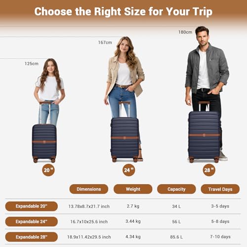 Kono Expandable 28 Inch Luggage with Spinner Wheels, Large Checked Luggage with Lock, Lightweight & Anti-Scratch PC+ABS Hardshell Travel Suitcase, Navy/Brown - color: Navy/Brown, size: Checked-large 28-inch