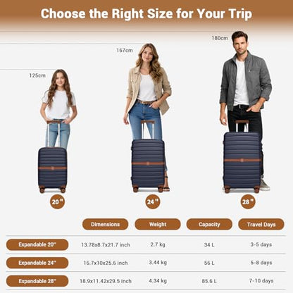 Kono Expandable 28 Inch Luggage with Spinner Wheels, Large Checked Luggage with Lock, Lightweight & Anti-Scratch PC+ABS Hardshell Travel Suitcase, Navy/Brown - color: Navy/Brown, size: Checked-large 28-inch
