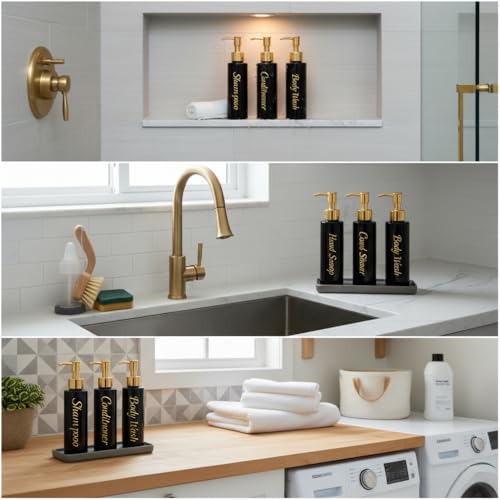 Shampoo and Conditioner Dispenser - Essentials Toiletry Bottles - Shower Refillable Shampoo and Body Wash Soap Pump Bottle – 3x 3oz TSA-approved Travel Size Containers - Black All Gold 2 Round - color: Black All Gold 2 Round, size: Small