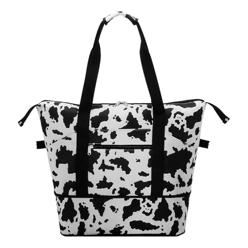 Expandable Duffel Bag for Women with Trolley Sleeve/Wet Pocket Weekender Travel Tote Large Carry On Overnight Luggage - color: Cow Print