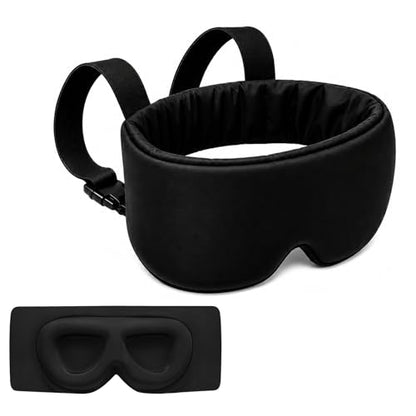 ALASKA BEAR 3D Contoured Silk Wide Band Eye Mask, Ultra Soft Travel Pillow with Neck Support, Zero Pressure Blackout Eye Cover for Men & Women, Adjustable Strap Sleeping Blindfold, Black