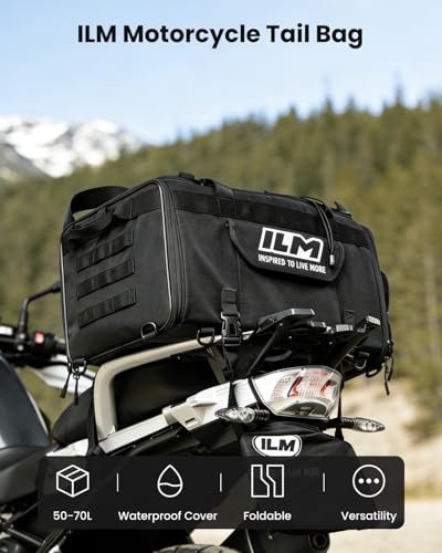 ILM Motorcycle Tail Bag 50-70L Expandable, Rain Cover Included Model BL02