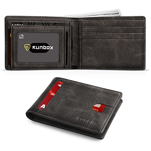 RUNBOX Wallet for Men, Slim Leather Bifold, RFID Blocking Card Holder - color: Rock Gray
