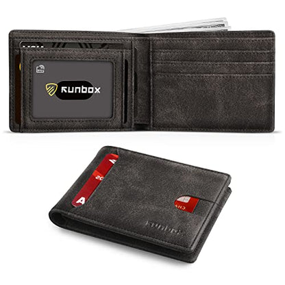 RUNBOX Wallet for Men, Slim Leather Bifold, RFID Blocking Card Holder - color: Rock Gray
