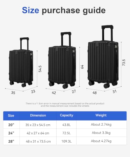 3-Piece ABS Hardside Luggage Set with Foldable Cup Holder & Detachable, Black - color: B ++ Black