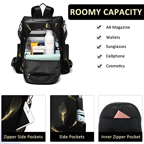 Fmeida Travel Backpack Purse for Women Anti Theft Convertible Backpacks Fashion Waterptoof Nylon Daypack Black Feather - color: Black Feather