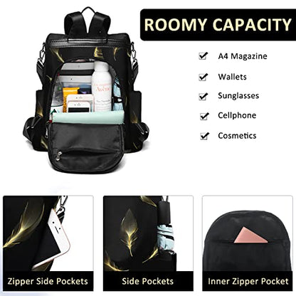 Fmeida Travel Backpack Purse for Women Anti Theft Convertible Backpacks Fashion Waterptoof Nylon Daypack Black Feather - color: Black Feather