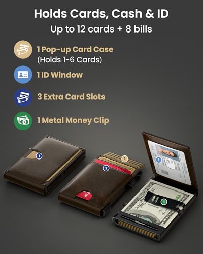 Wallet for Men Card Holder: Pop Up Card Case, Genuine Leather, Smart, RFID Blocking, Slim, Minimalist, Thin, Front Pocket - 12 Card Capacity, ID Window, Money Clip (Bronze) - color: Bronze