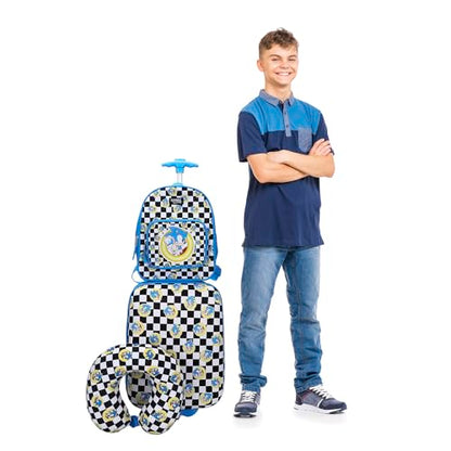 Bioworld Sonic the Hedgehog Kids' 3-Piece Travel Set With Luggage, Backpack, and Neck Pillow - color: Sonic the Hedgehog Blue