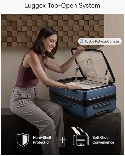 LUGGEX Checked Top Opening Suitcase, Expandable Polycarbonate, Blue, 24" - color: Blue, size: 24 Inch