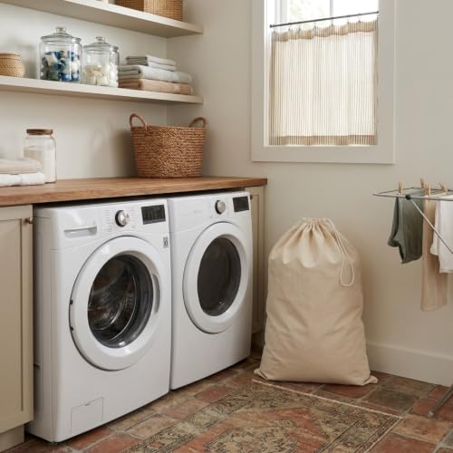 Household Essentials Cotton Laundry Bag, Large, 100% Cotton,Drawstring Top with Cord Lock,Machine Washable, 3 to 4 Load Capacity, Versatile & Compact,Breathable, Foldable,Natural, 10 Cup (Pack of 12) - style: Beige (Pack of 12)