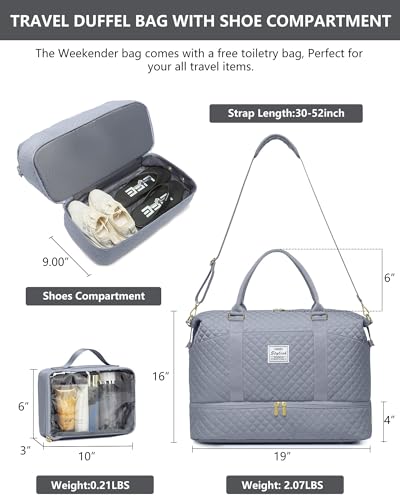 Travel Weekender Duffle Bag for Women: Overnight Bags with Shoe Compartment - color: 8-Grey, size: Large