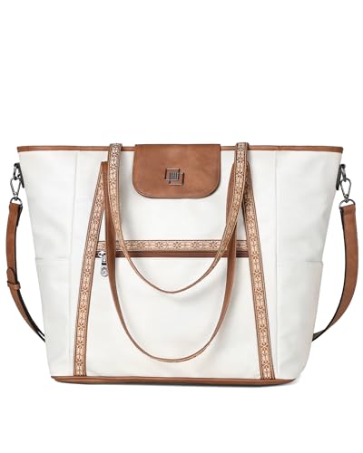 FADEON Large Laptop Tote Bag for Women Designer Leather Laptop Bag, 15.6in - color: Beige Contrast Brown
