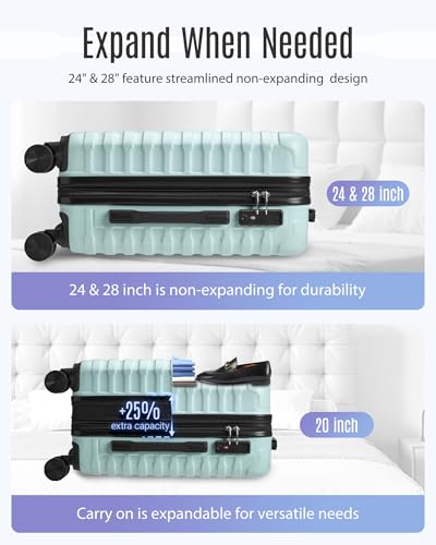 LIGHT FLIGHT Luggage Sets 3 Pcs Suitcase with Wheels,20"/24"/28",Mint Green | Durable Suitcase Set with Spinner Wheels,3 Piece Hard Shell Lightweight Luggage with TSA Lock, Large Checked Travel Suitcases - color: Mint Green, size: 3-Piece Set-20 Inch/24 I